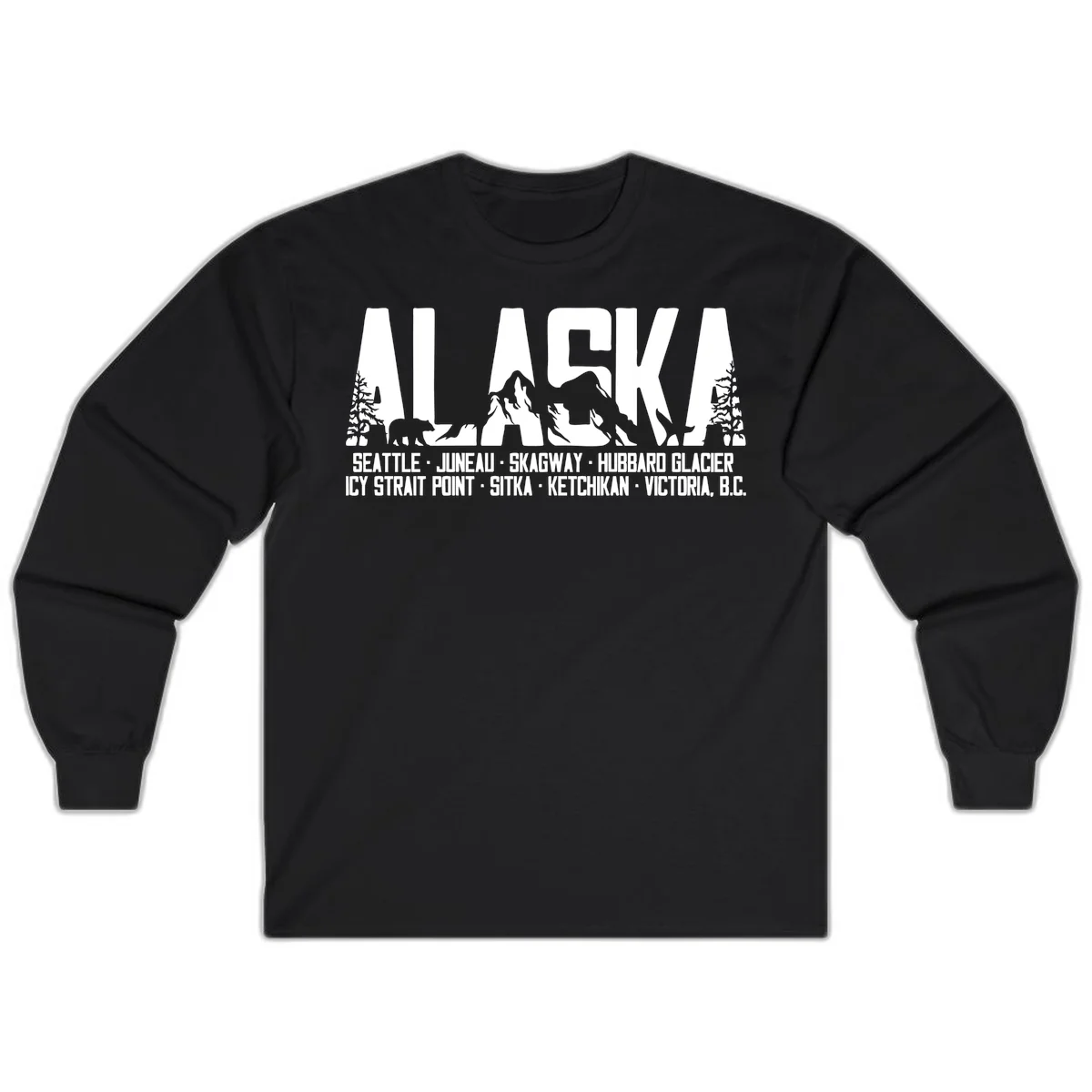 Scenic Alaska Cruise Ports and Itinerary Long Sleeve Tee in Black