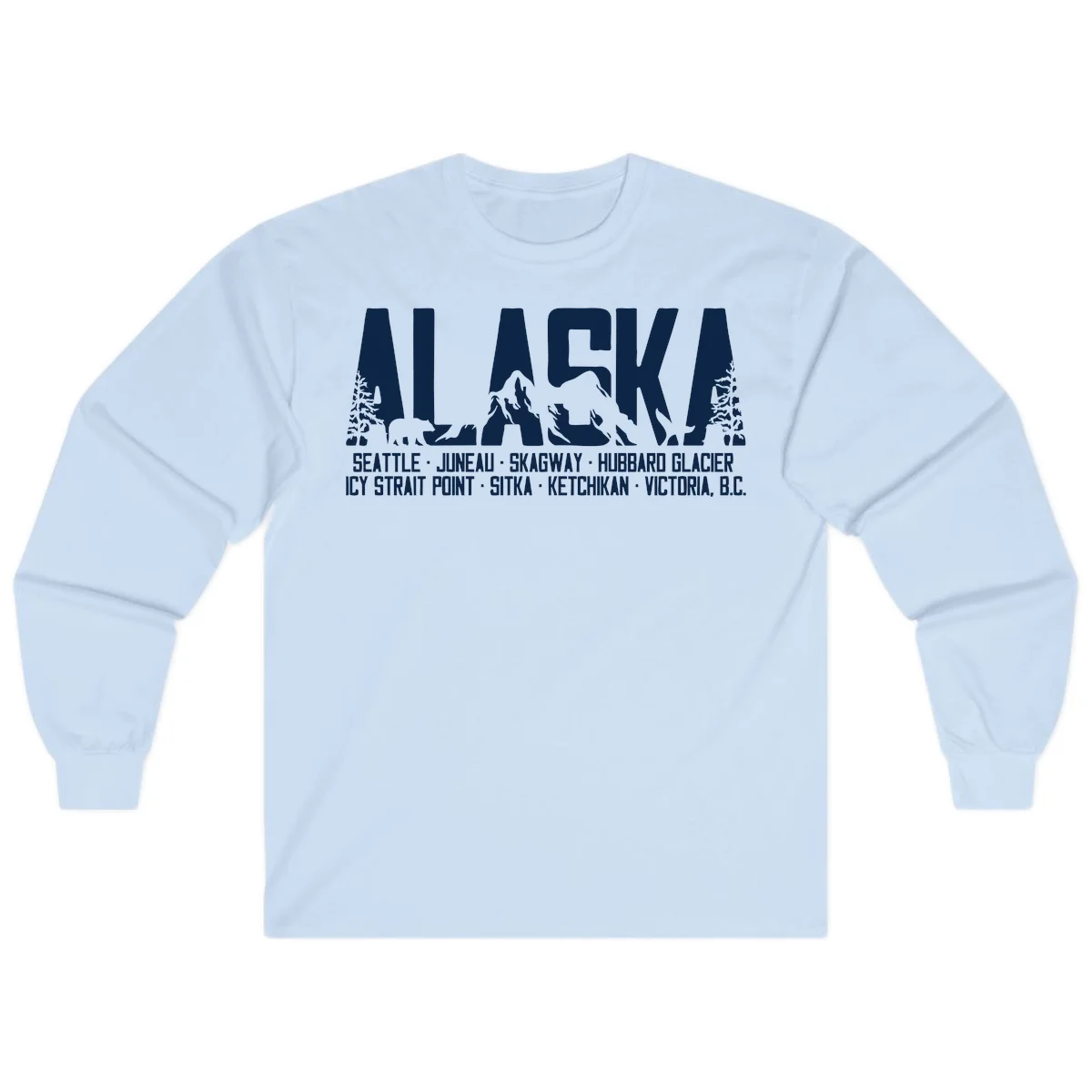 Scenic Alaska Cruise Ports and Itinerary Long Sleeve Tee in Light Blue