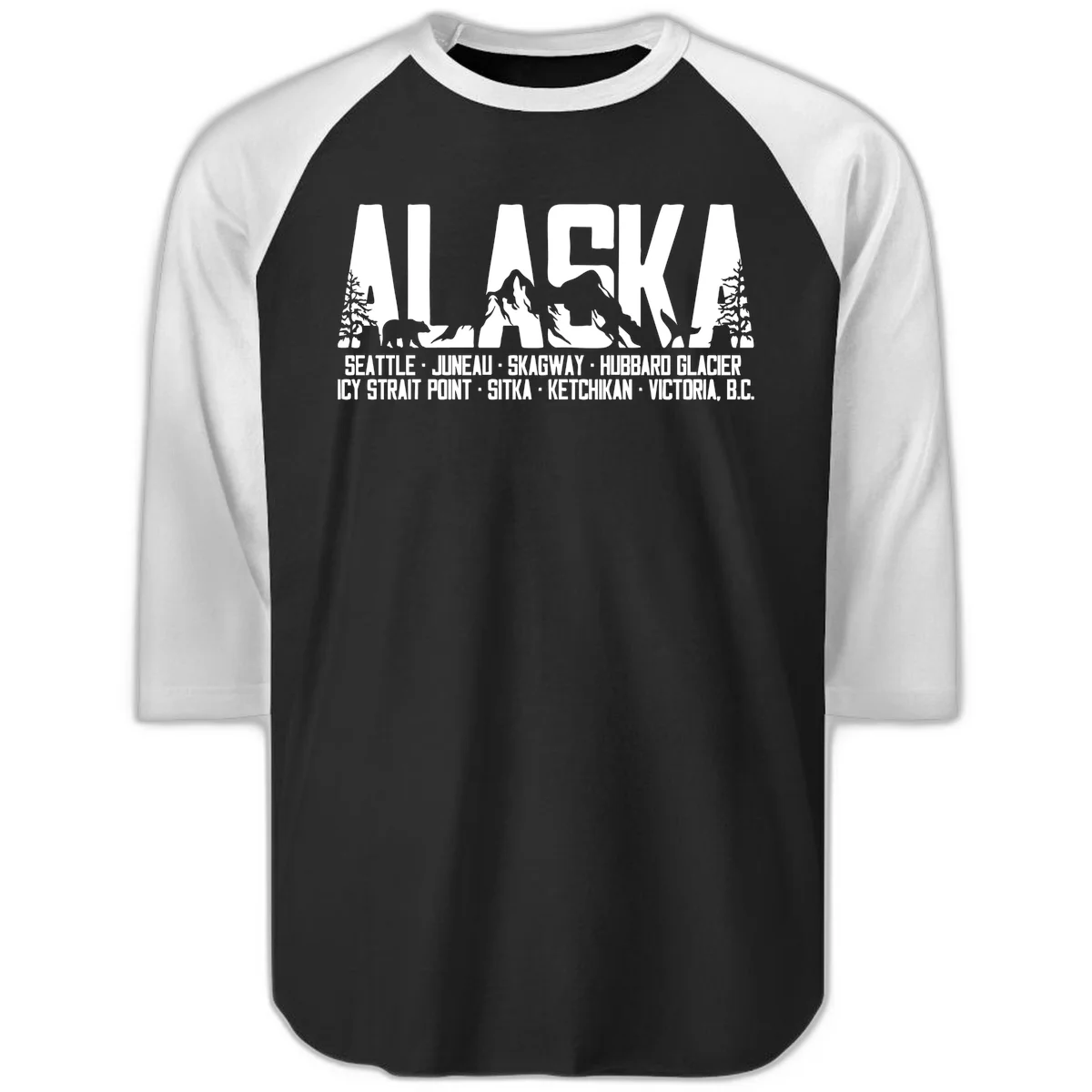 Scenic Alaska Cruise Ports and Itinerary Raglan 3/4 Sleeve in Black White