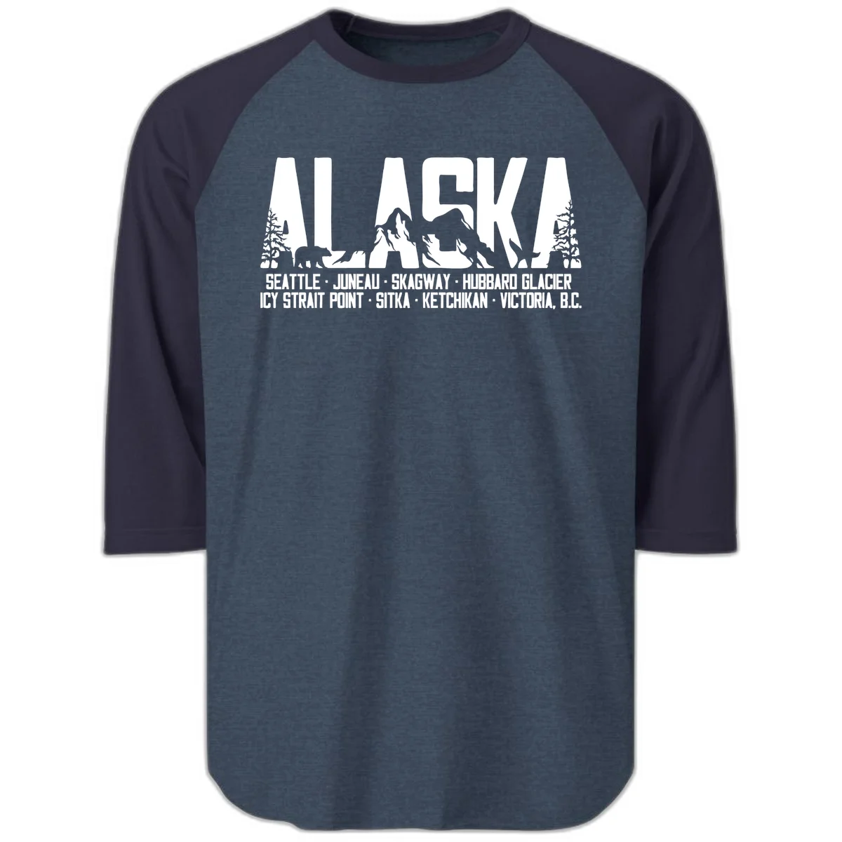 Scenic Alaska Cruise Ports and Itinerary Raglan 3/4 Sleeve in Heather Denim Navy