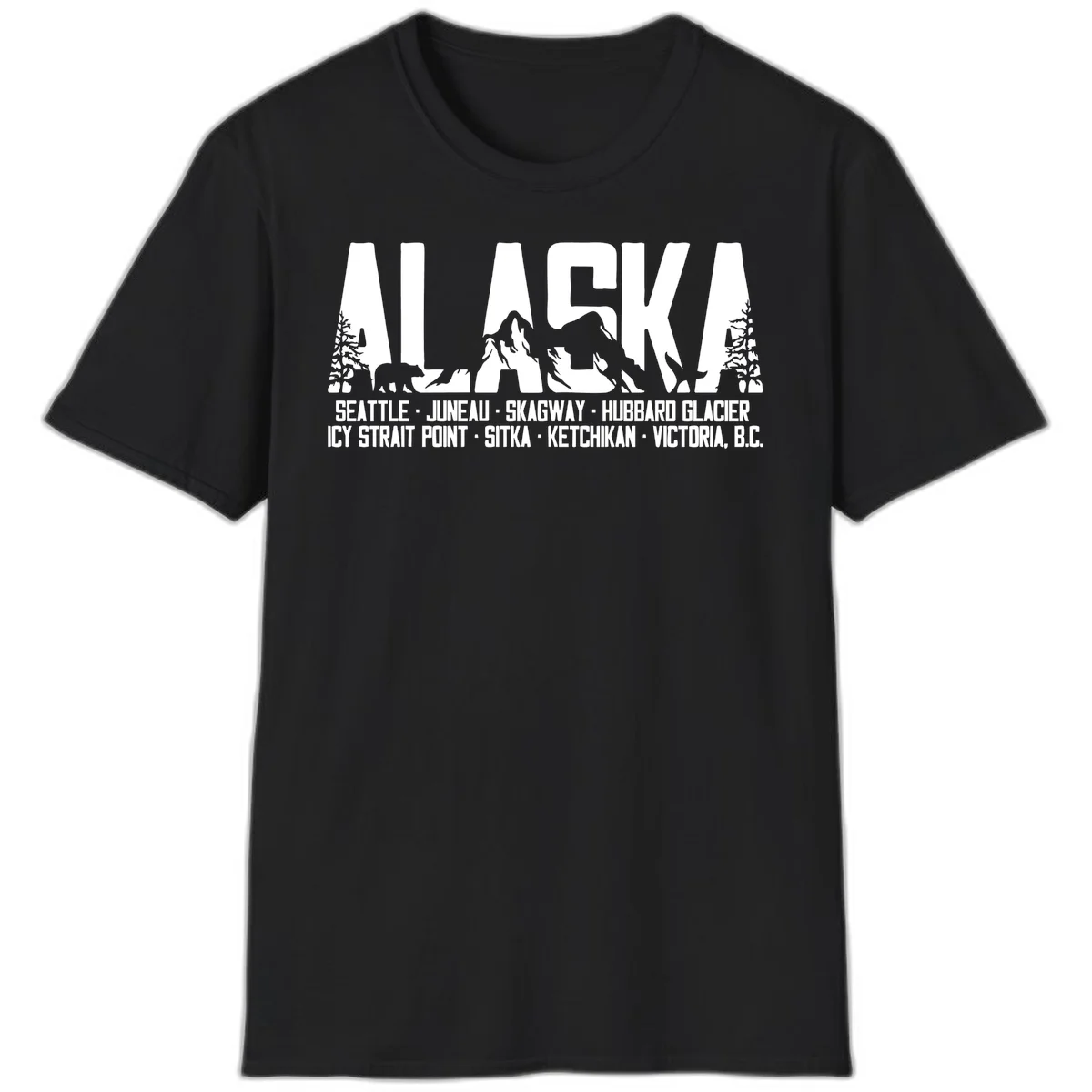 Scenic Alaska Cruise Ports and Itinerary T-Shirt in Black