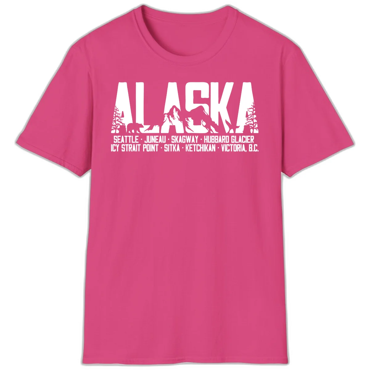 Scenic Alaska Cruise Ports and Itinerary T-Shirt in Heliconia