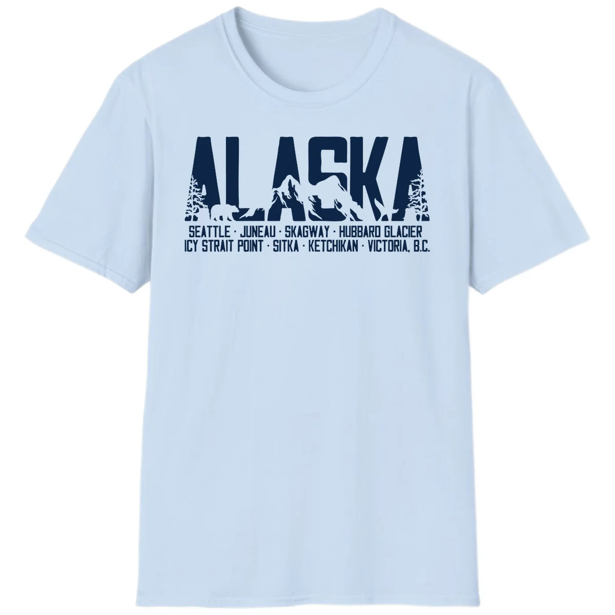 Scenic Alaska Cruise Ports and Itinerary T-Shirt in Light Blue