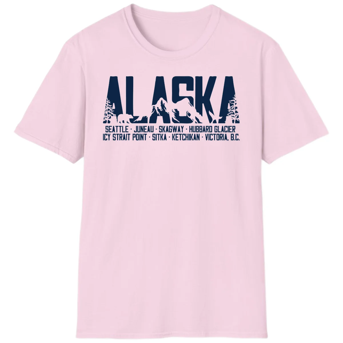 Scenic Alaska Cruise Ports and Itinerary T-Shirt in Light Pink