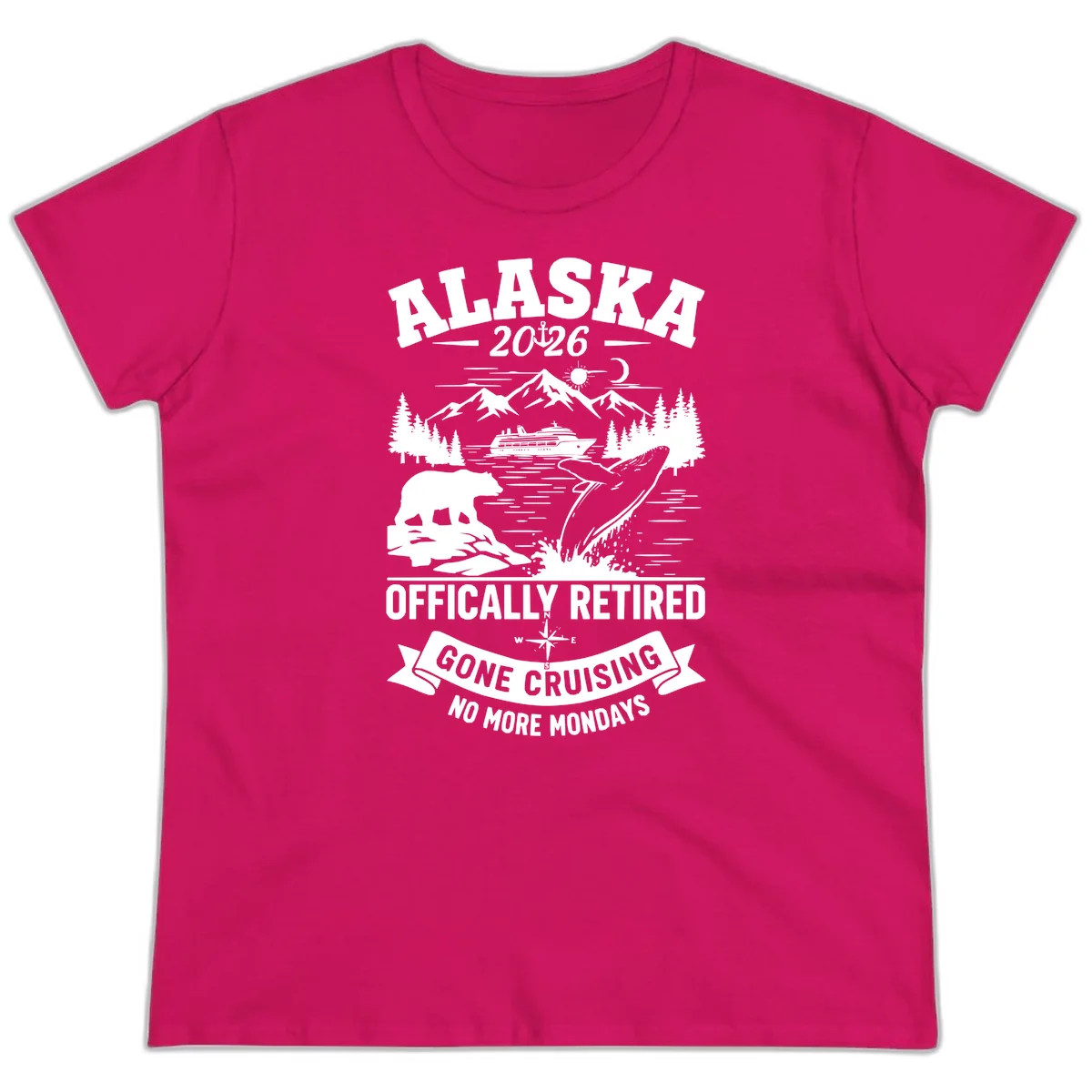 Alaska 2026 Officially Retired Gone Cruising Ladies Tee in Heliconia