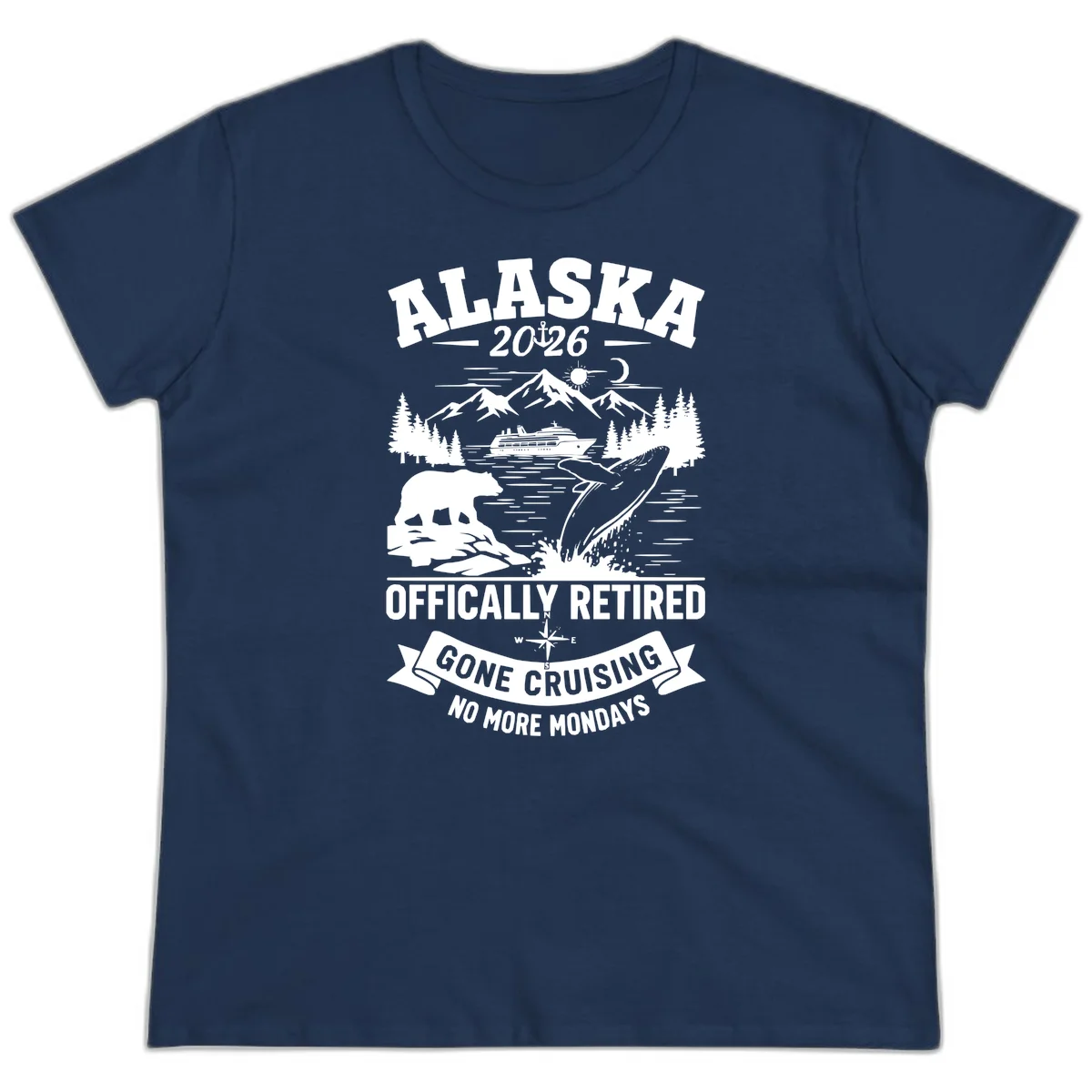 Alaska 2026 Officially Retired Gone Cruising Ladies Tee in Navy
