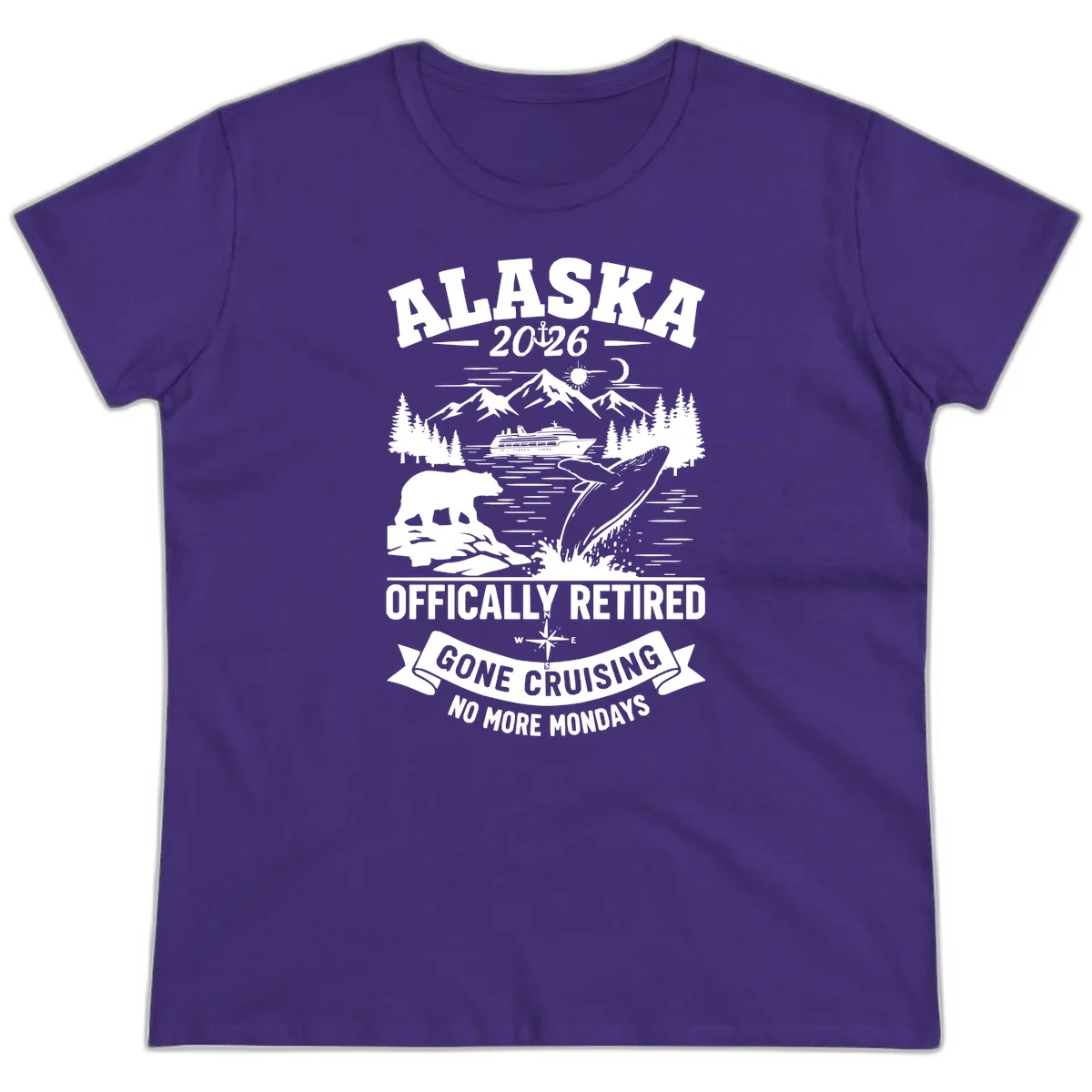 Alaska 2026 Officially Retired Gone Cruising Ladies Tee in Purple