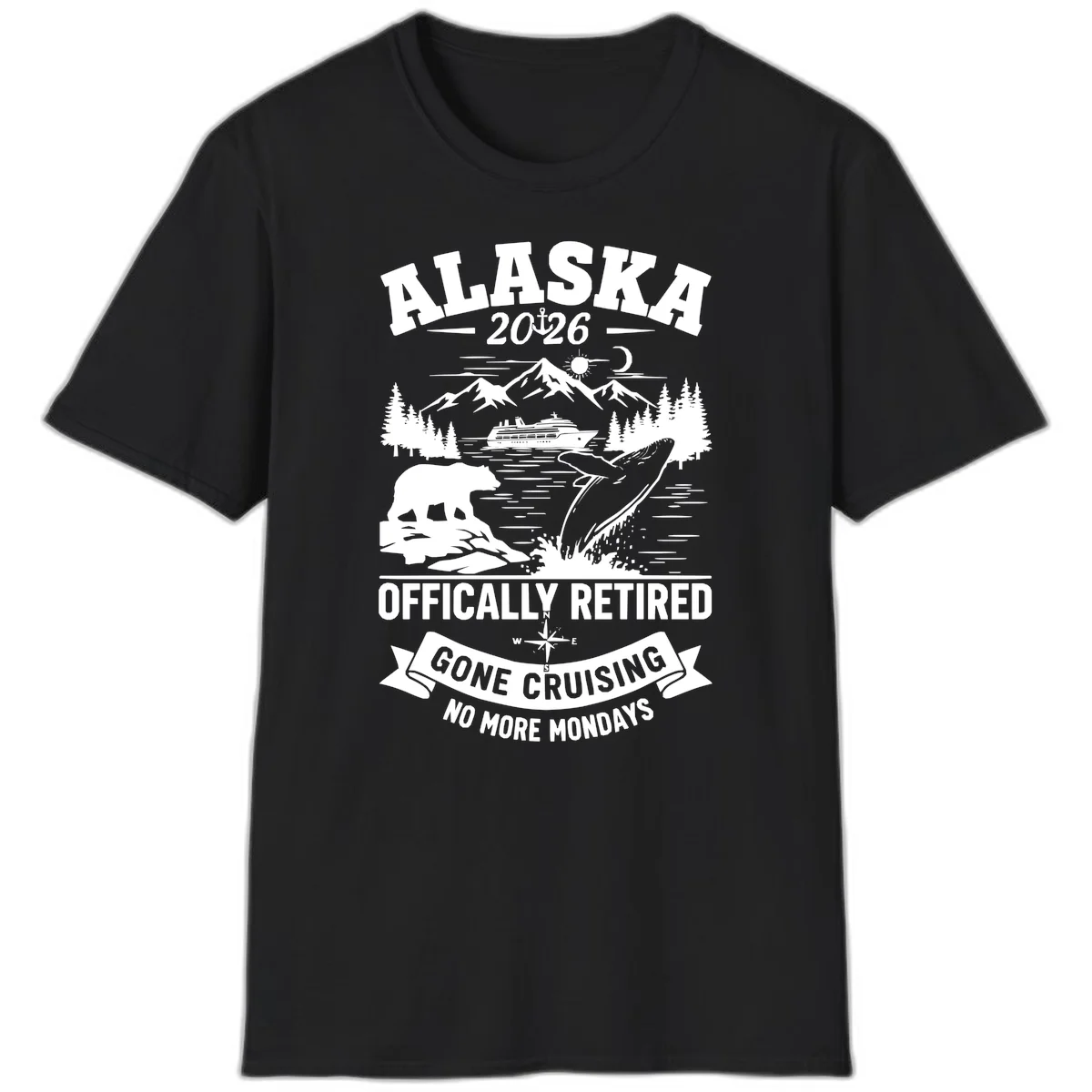 Alaska 2026 Officially Retired Gone Cruising T-Shirt in Black