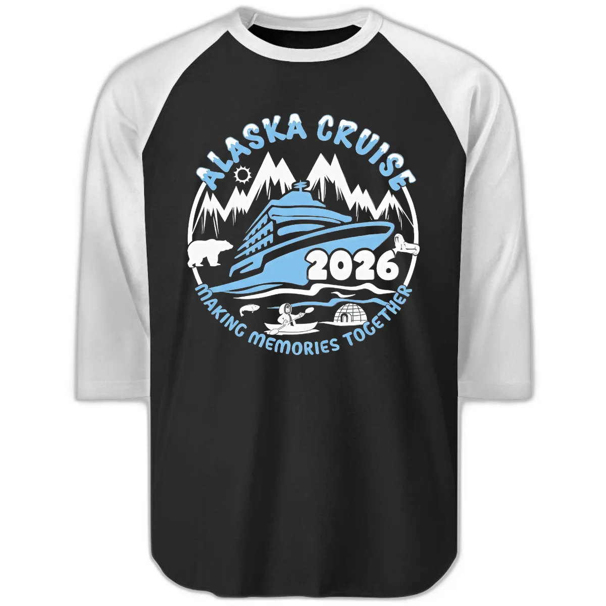 Alaska Scenic Icons Making Memories Together Raglan 3/4 in Black White
