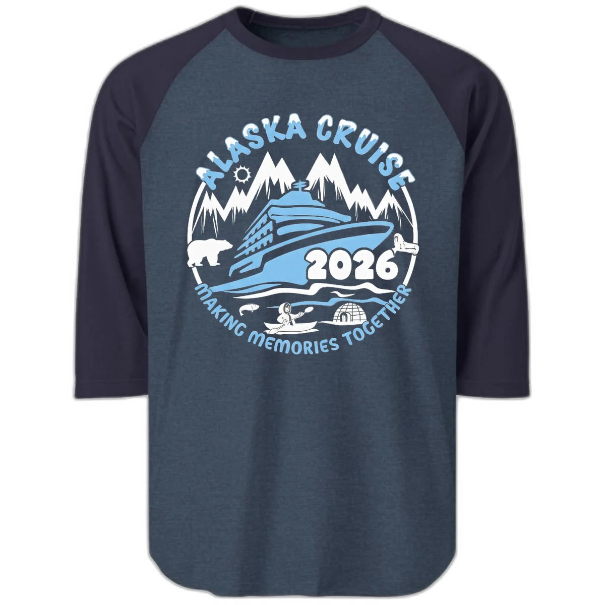 Alaska Scenic Icons Making Memories Together Raglan 3/4 in Heather Denim Navy