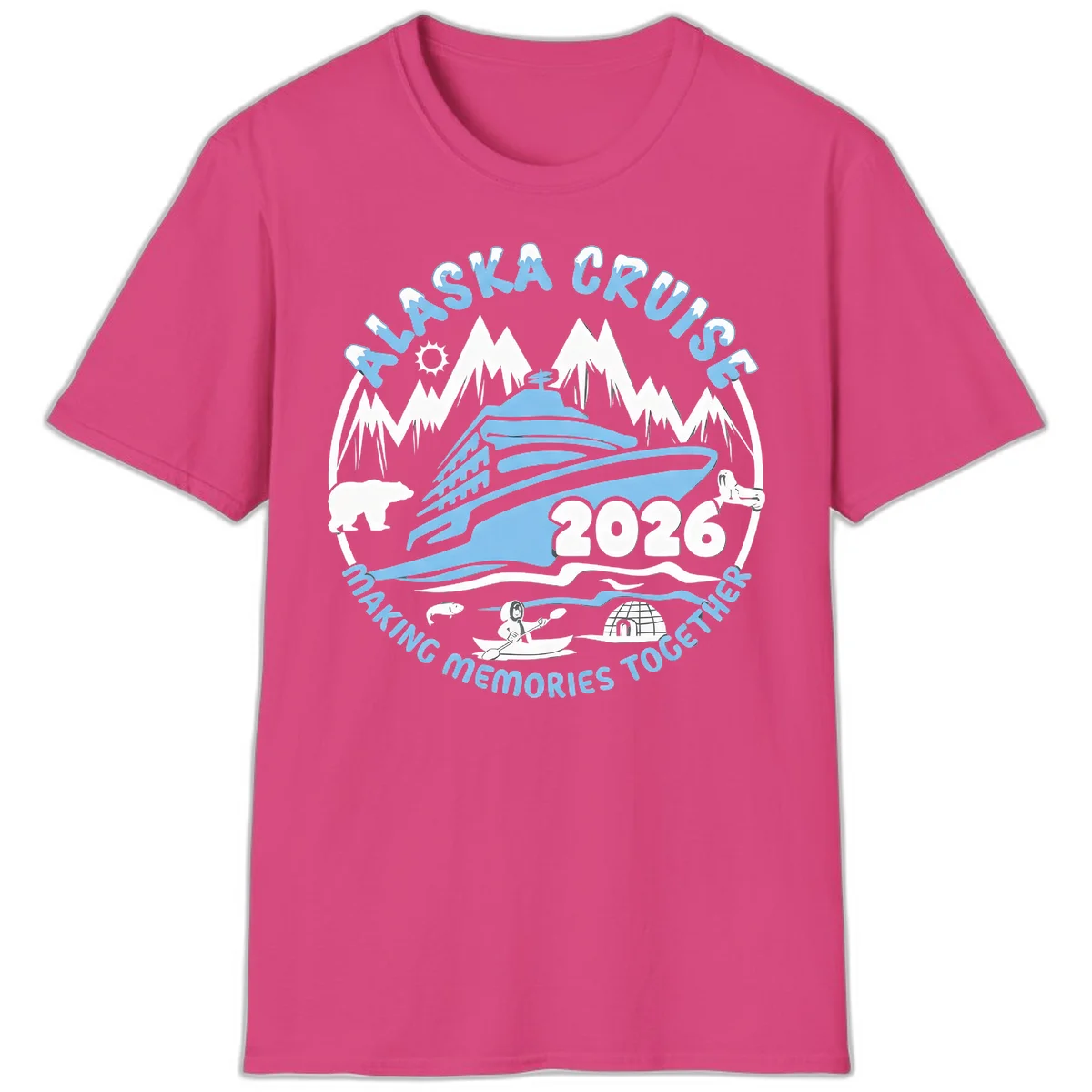 Alaska Scenic Icons Making Memories Together T-Shirt in Heliconia