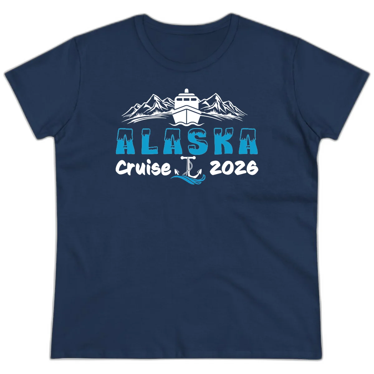 Alaska Snow Peak Typography Ladies Tee in Navy