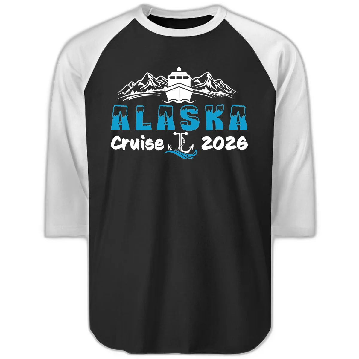 Alaska Snow Peak Typography Raglan 3/4 in Black White