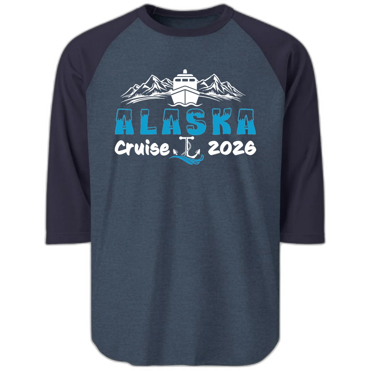 Alaska Snow Peak Typography Raglan 3/4 in Heather Denim Navy