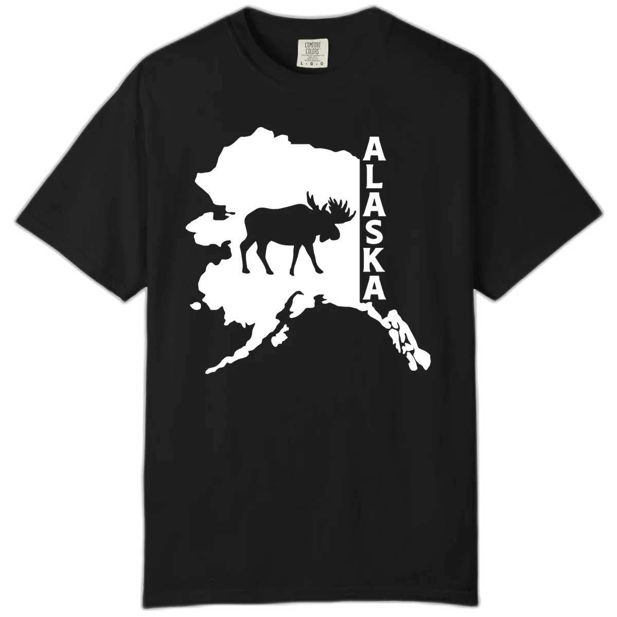 Bold Alaska State Silhouette With Moose Graphic Comfort Color in Black
