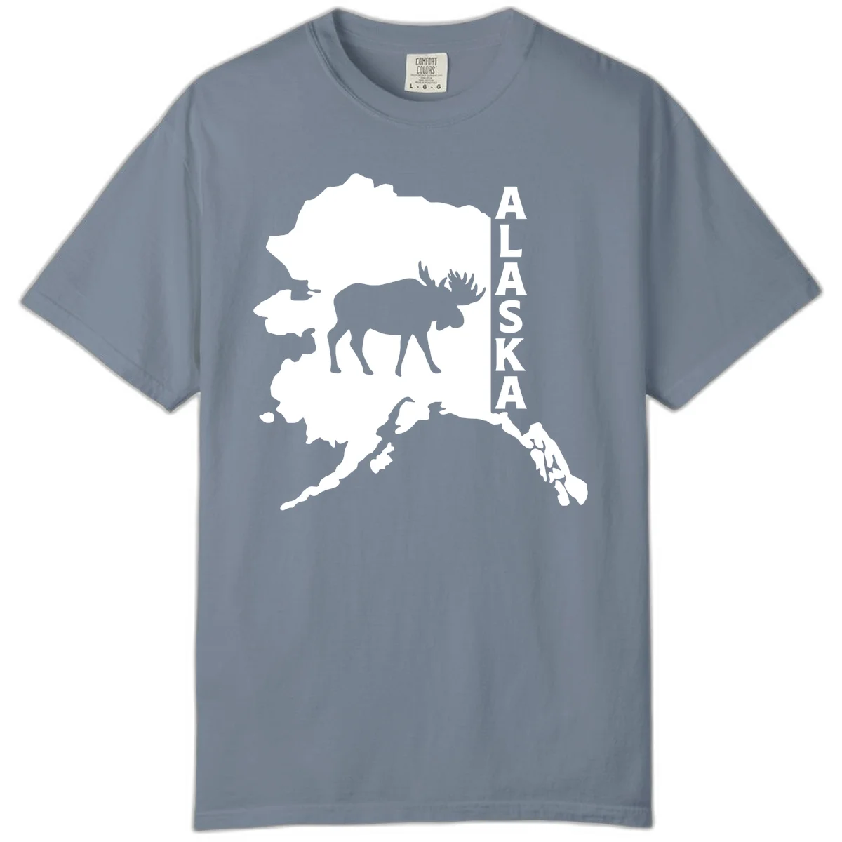Bold Alaska State Silhouette With Moose Graphic Comfort Color in Blue Jean