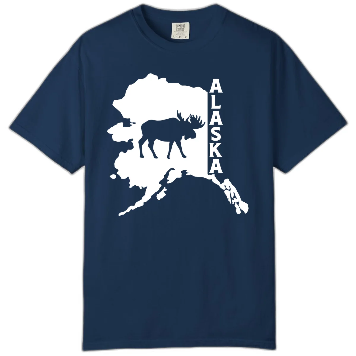 Bold Alaska State Silhouette With Moose Graphic Comfort Color in Navy