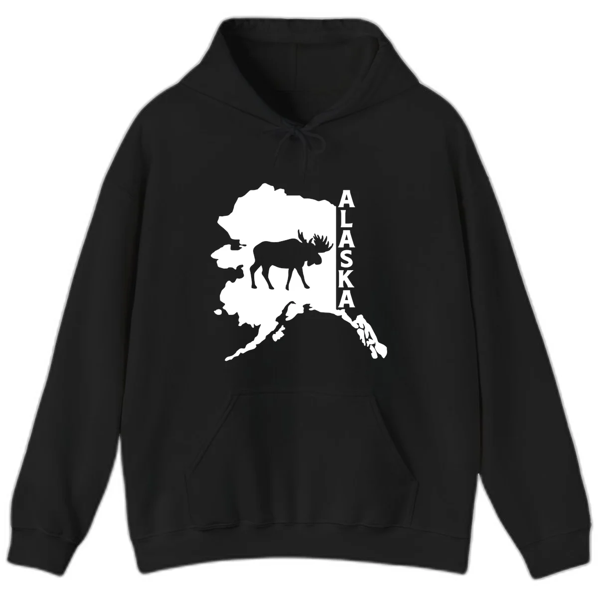 Bold Alaska State Silhouette With Moose Graphic Hoodie in Black