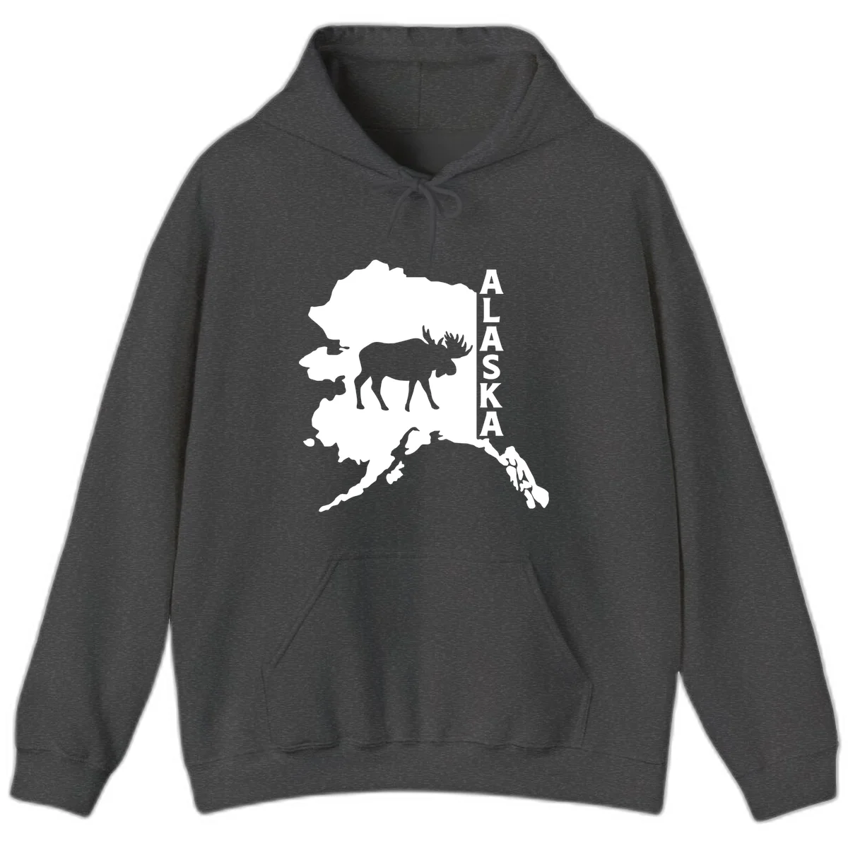 Bold Alaska State Silhouette With Moose Graphic Hoodie in Dark Heather