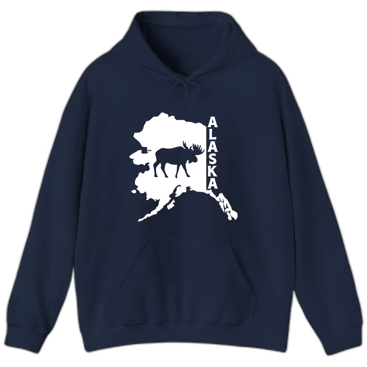 Bold Alaska State Silhouette With Moose Graphic Hoodie in Navy