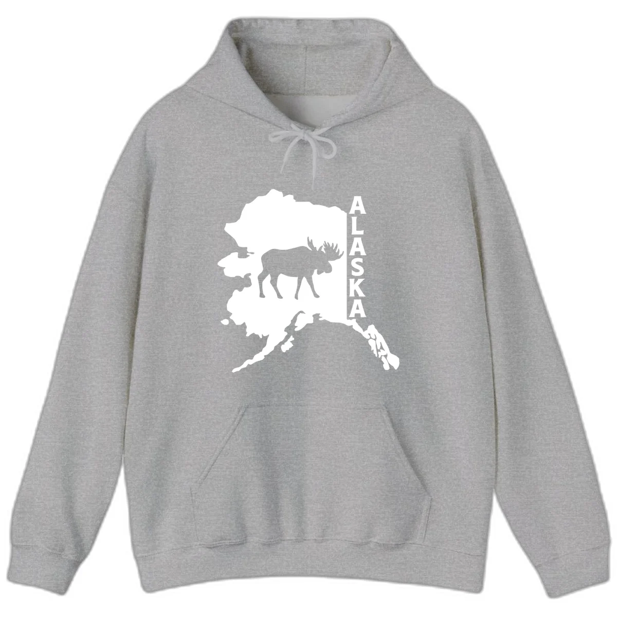 Bold Alaska State Silhouette With Moose Graphic Hoodie in Sport Grey