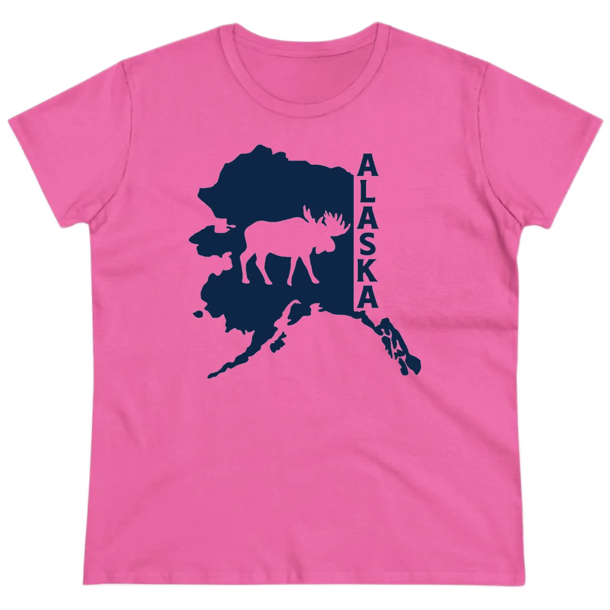 Bold Alaska State Silhouette With Moose Graphic Ladies Tee in Azalea