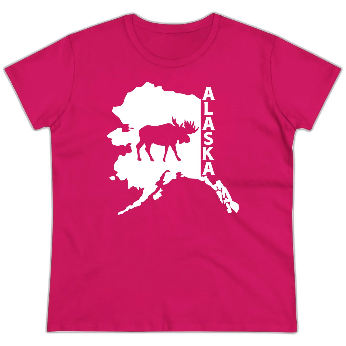 Bold Alaska State Silhouette With Moose Graphic Ladies Tee in Heliconia