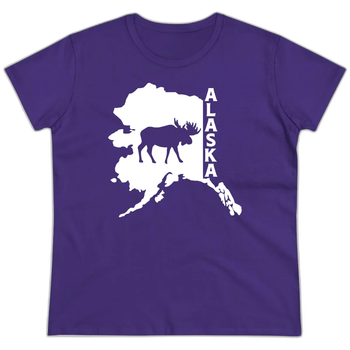 Bold Alaska State Silhouette With Moose Graphic Ladies Tee in Purple