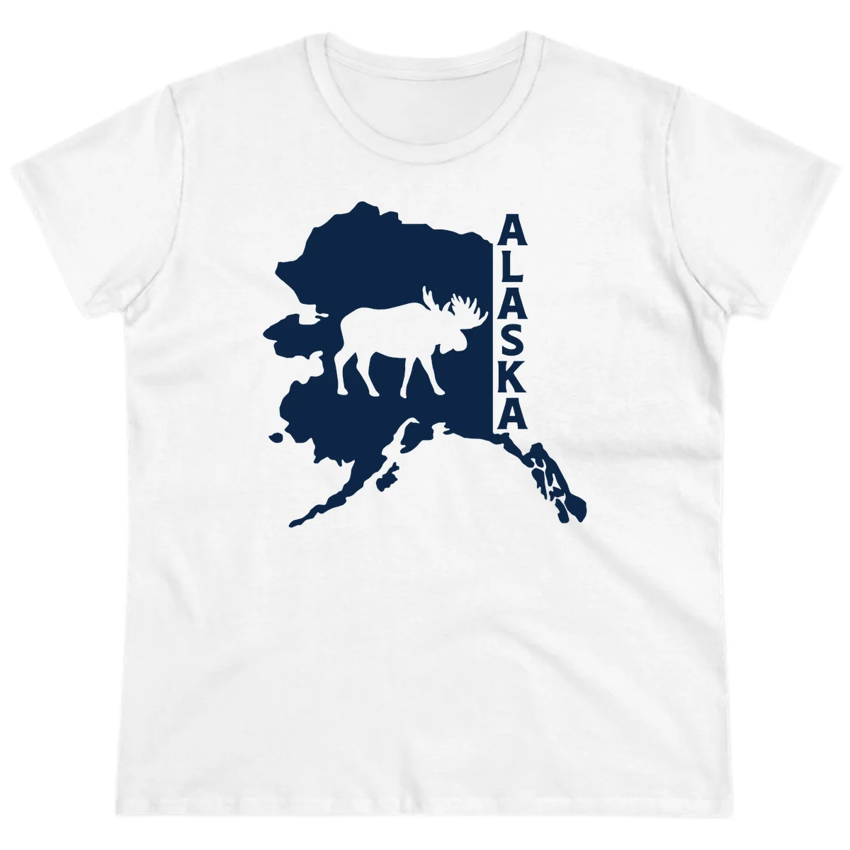 Bold Alaska State Silhouette With Moose Graphic Ladies Tee in White