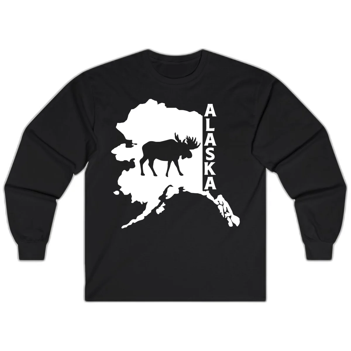 Bold Alaska State Silhouette With Moose Graphic Long Sleeve in Black