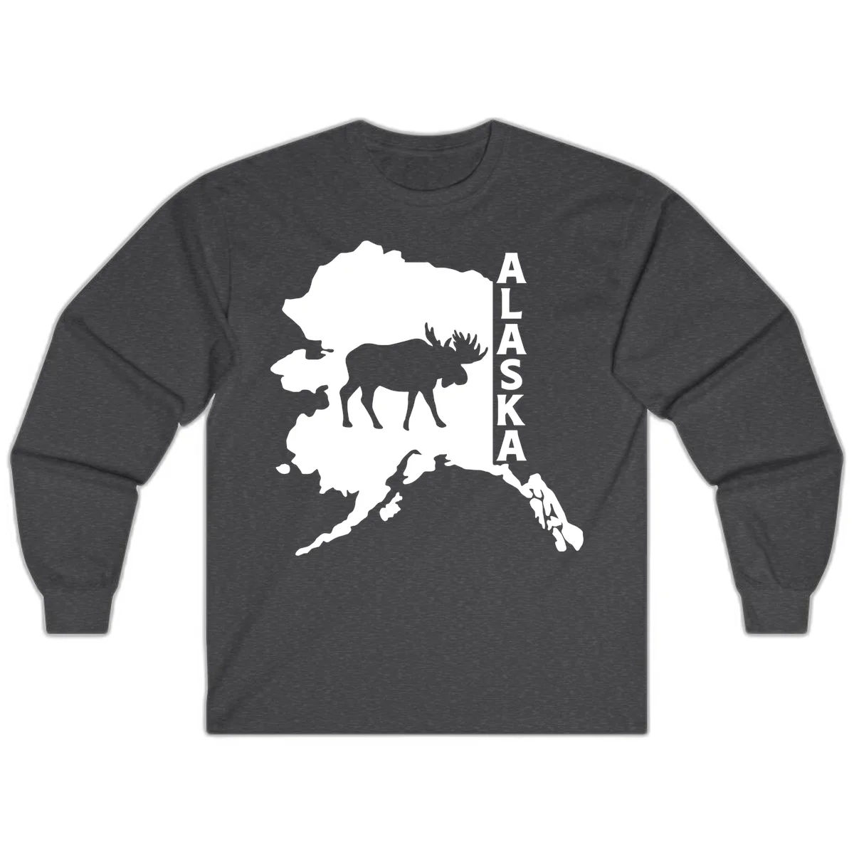 Bold Alaska State Silhouette With Moose Graphic Long Sleeve in Dark Heather