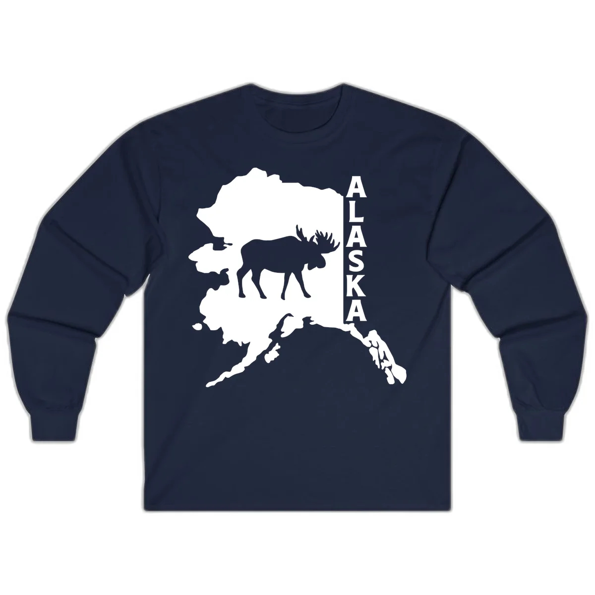 Bold Alaska State Silhouette With Moose Graphic Long Sleeve in Navy