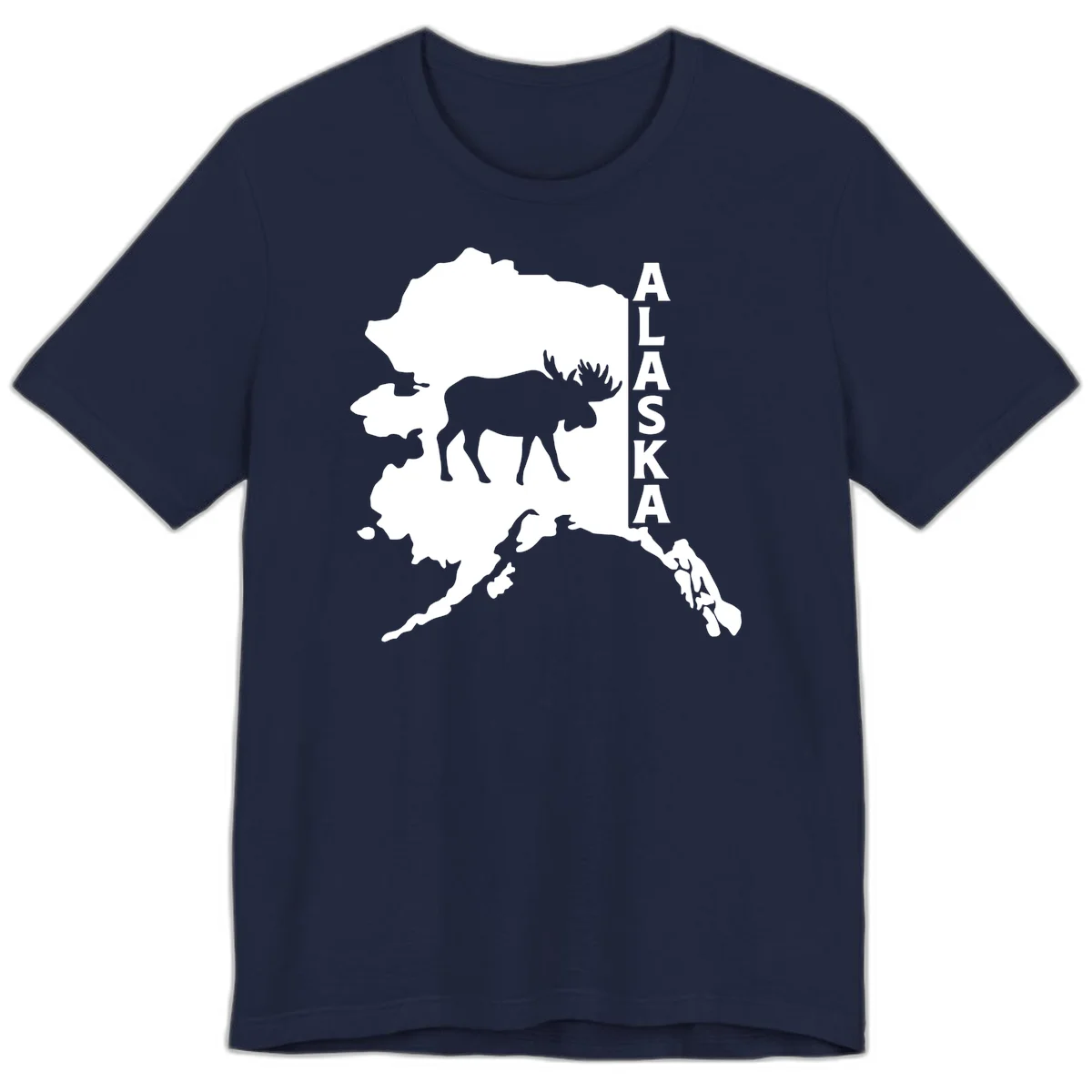 Bold Alaska State Silhouette With Moose Graphic Premium T-Shirt in Navy
