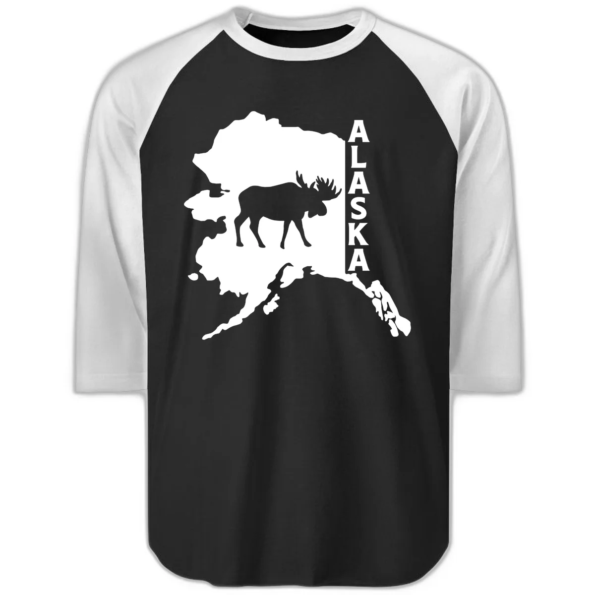 Bold Alaska State Silhouette With Moose Graphic Raglan 3/4 in Black White