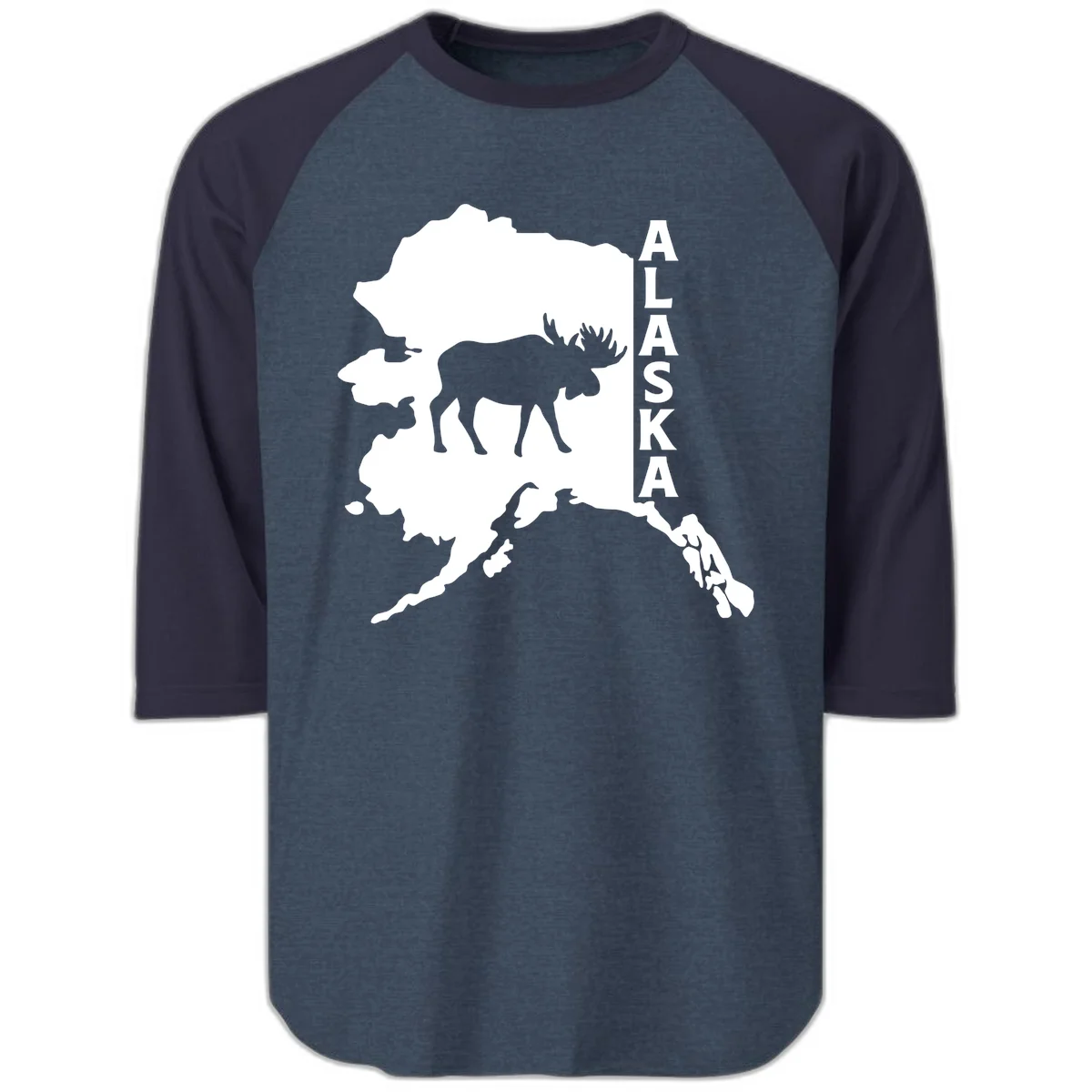 Bold Alaska State Silhouette With Moose Graphic Raglan 3/4 in Heather Denim Navy