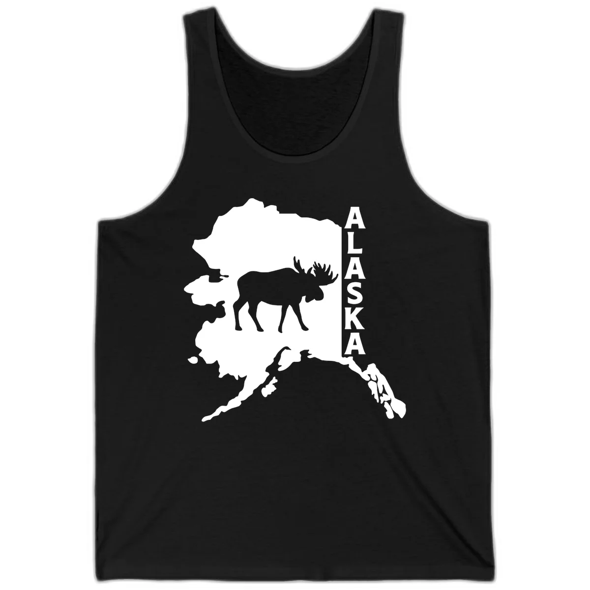 Bold Alaska State Silhouette With Moose Graphic Tank in Black