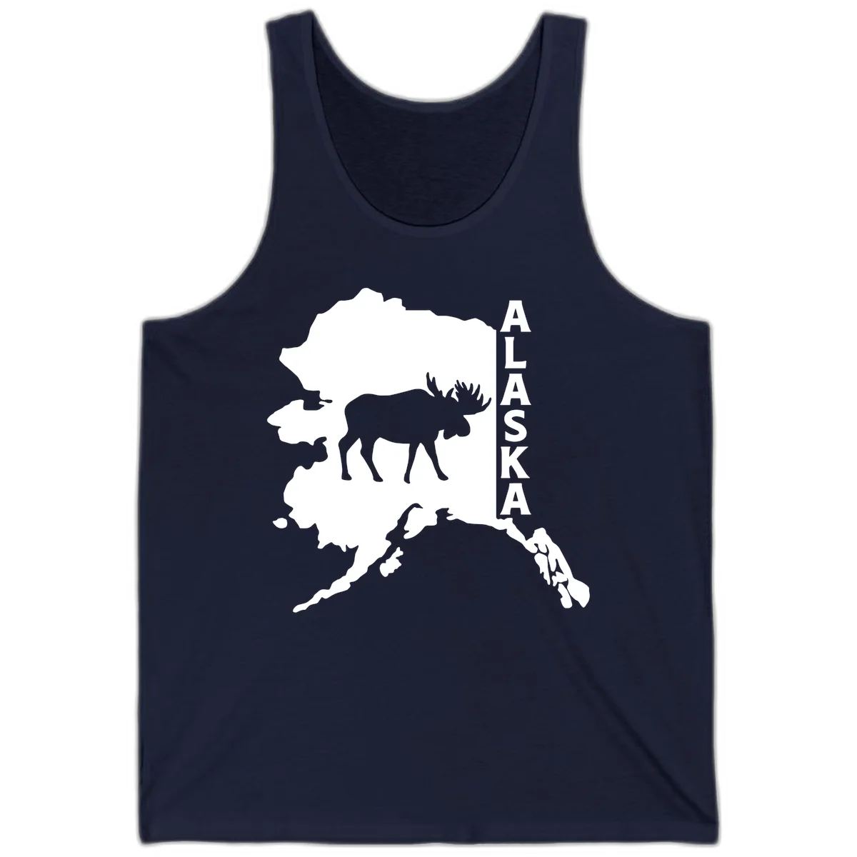 Bold Alaska State Silhouette With Moose Graphic Tank in Navy