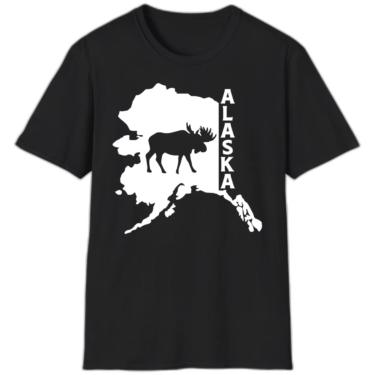 Bold Alaska State Silhouette With Moose Graphic T-Shirt in Black