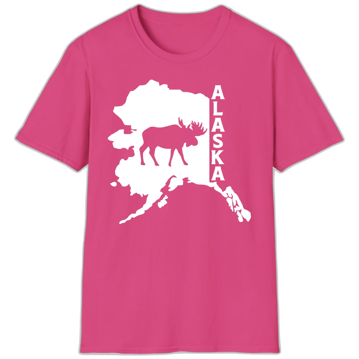 Bold Alaska State Silhouette With Moose Graphic T-Shirt in Heliconia