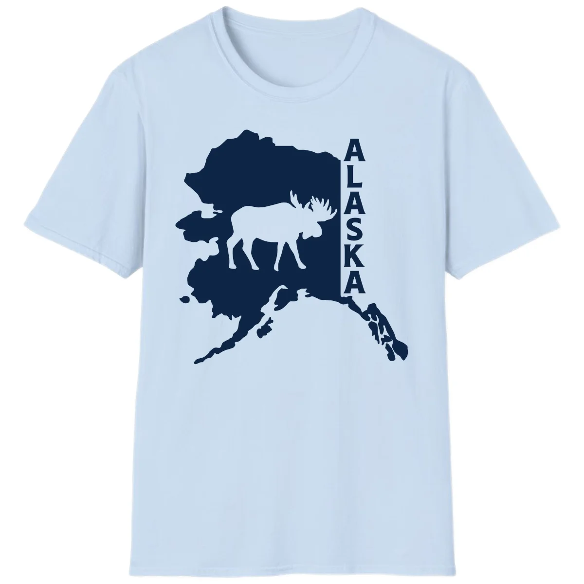 Bold Alaska State Silhouette With Moose Graphic T-Shirt in Light Blue