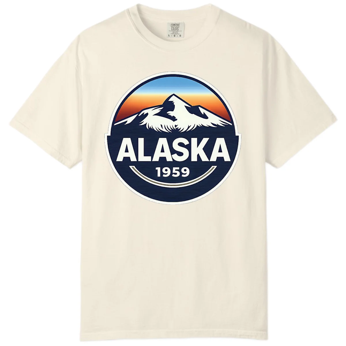 Alaska 1959 Mountain & Eagle Sunset Emblem Comfort Color T-Shirt in Ivory