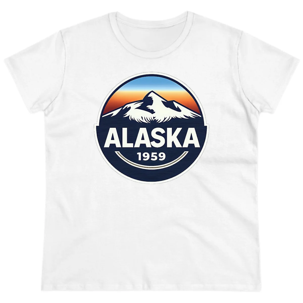Alaska 1959 Mountain & Eagle Sunset Emblem Ladies T-Shirt in White
