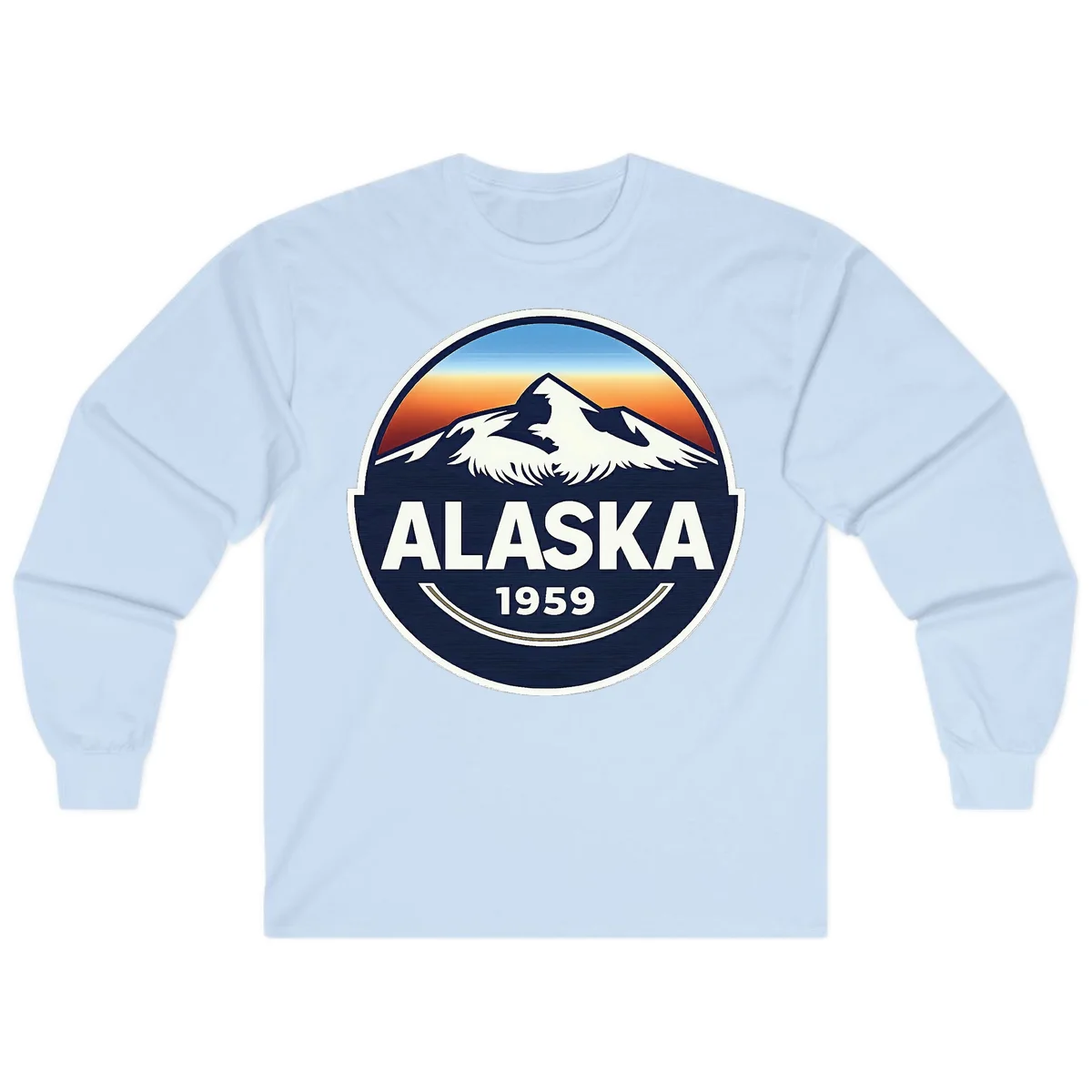 Alaska 1959 Mountain & Eagle Sunset Emblem Long Sleeve T-Shirt in Light Blue