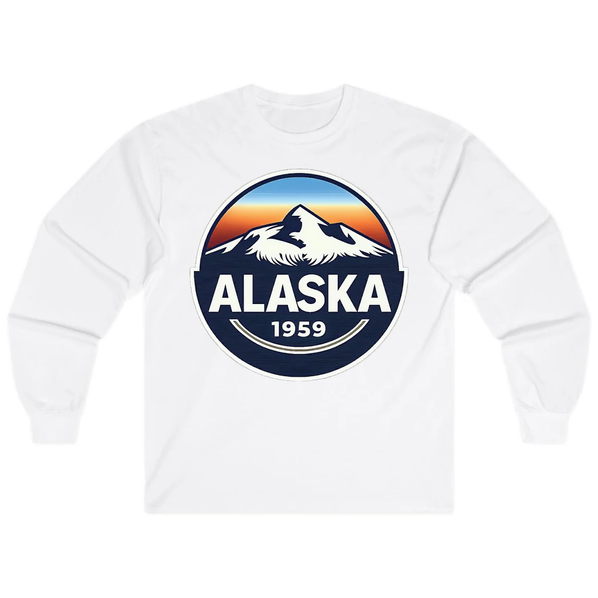 Alaska 1959 Mountain & Eagle Sunset Emblem Long Sleeve T-Shirt in White