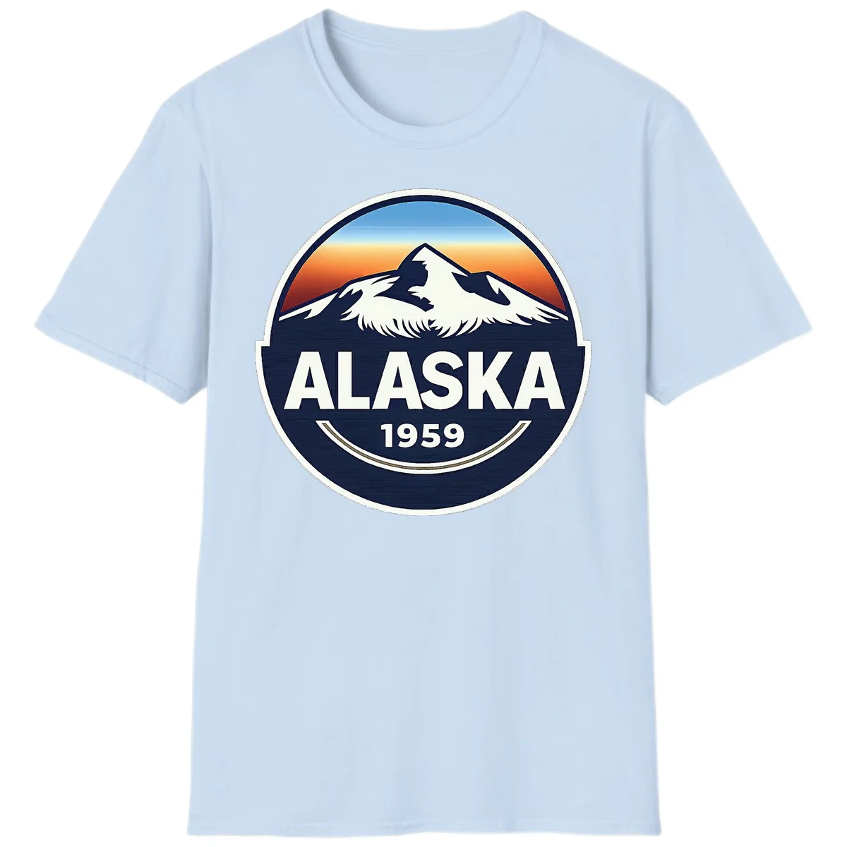Alaska 1959 Mountain & Eagle Sunset Emblem T-Shirt in Light Blue