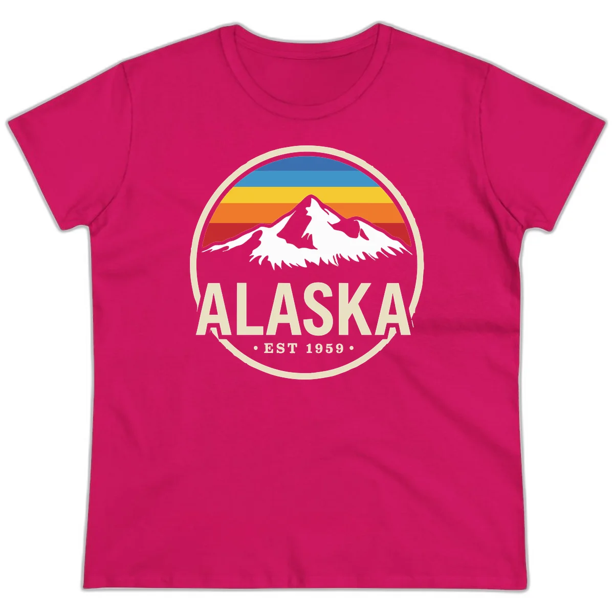 Retro Alaska Mountain And Statehood Year Badge Ladies Tee in Heliconia