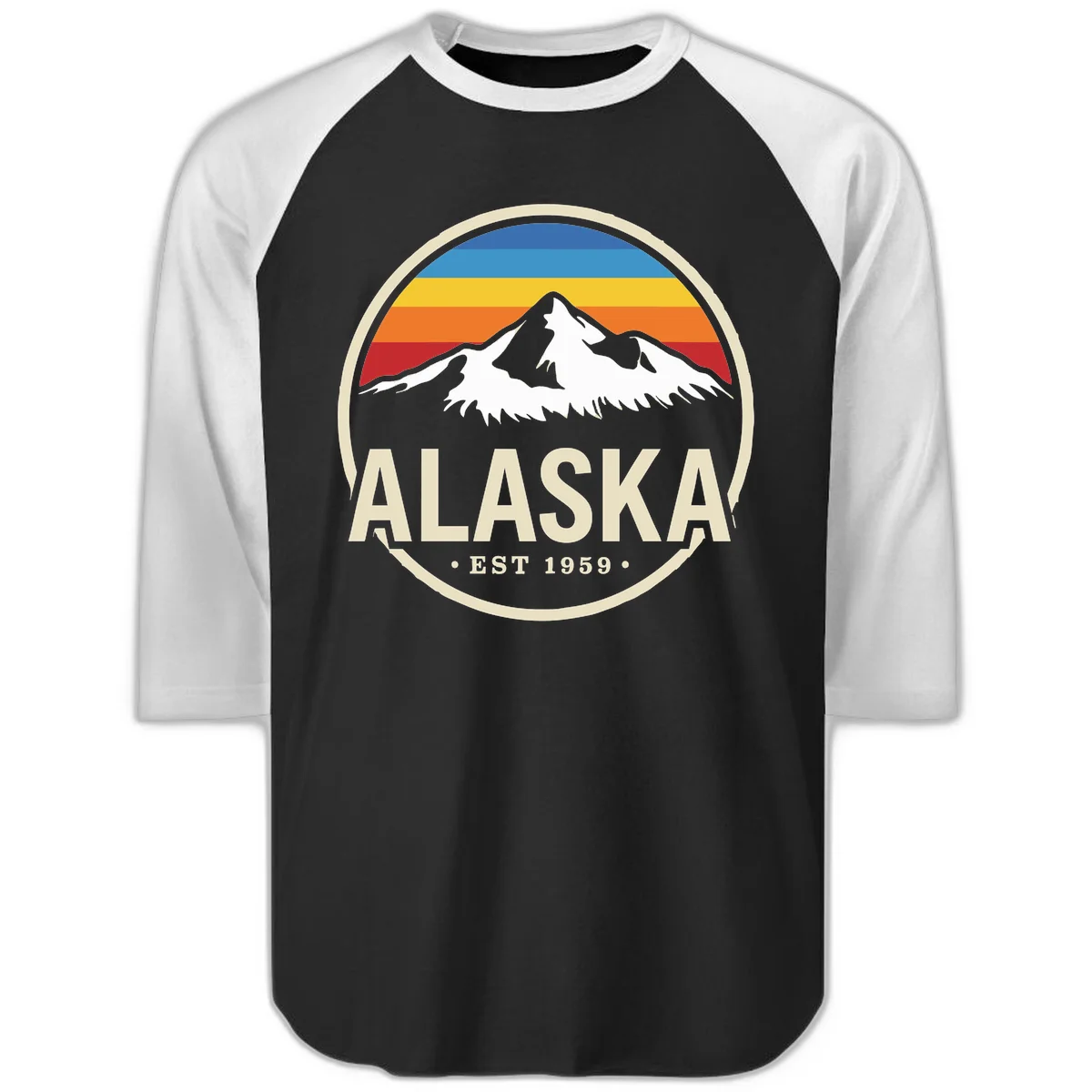 Retro Alaska Mountain And Statehood Year Badge Raglan 3/4 in Black White