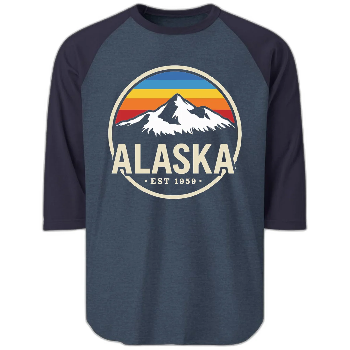 Retro Alaska Mountain And Statehood Year Badge Raglan 3/4 in Heather Denim Navy