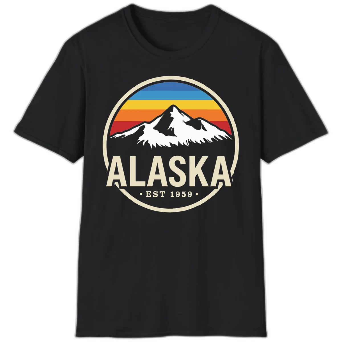 Retro Alaska Mountain And Statehood Year Badge T-Shirt in Black
