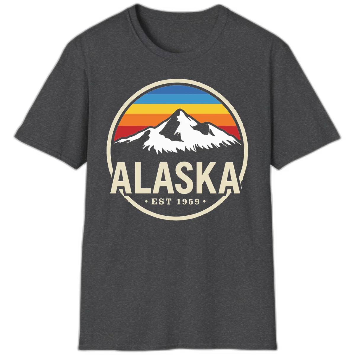 Retro Alaska Mountain And Statehood Year Badge T-Shirt in Dark Heather